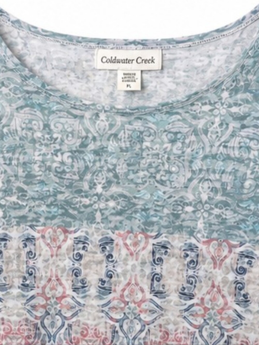 Title:Coldwater Creek Petite Large Burnout Medallion Print Top Blue Pink - Picture 3 of 3